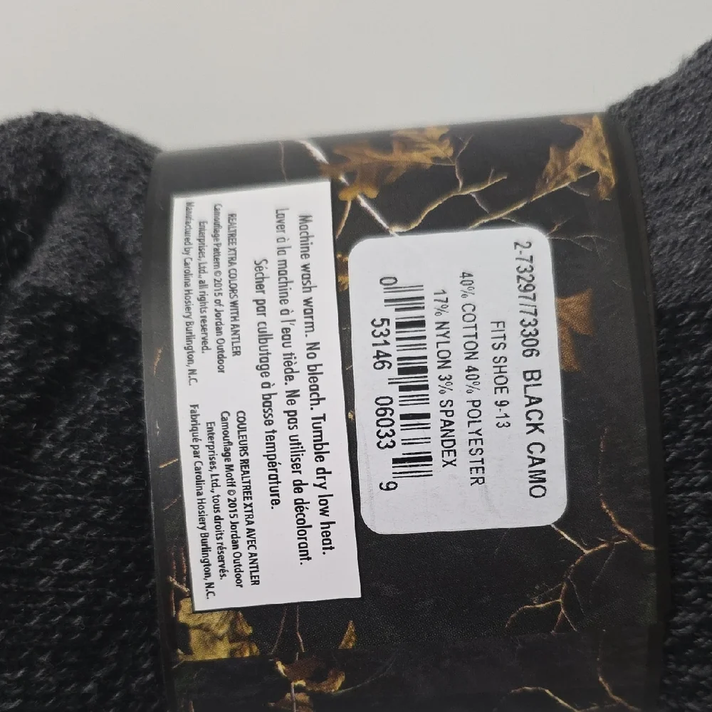 Realtree Black and Brown Outdoor Size 9-13 Socks, NWT